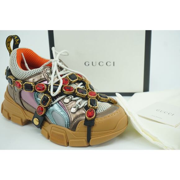 Gucci Flashtrek Jewel Sega Sneakers Size 35 $1725 Jem Metallic Leather Mesh NIB - Picture 1 of 12